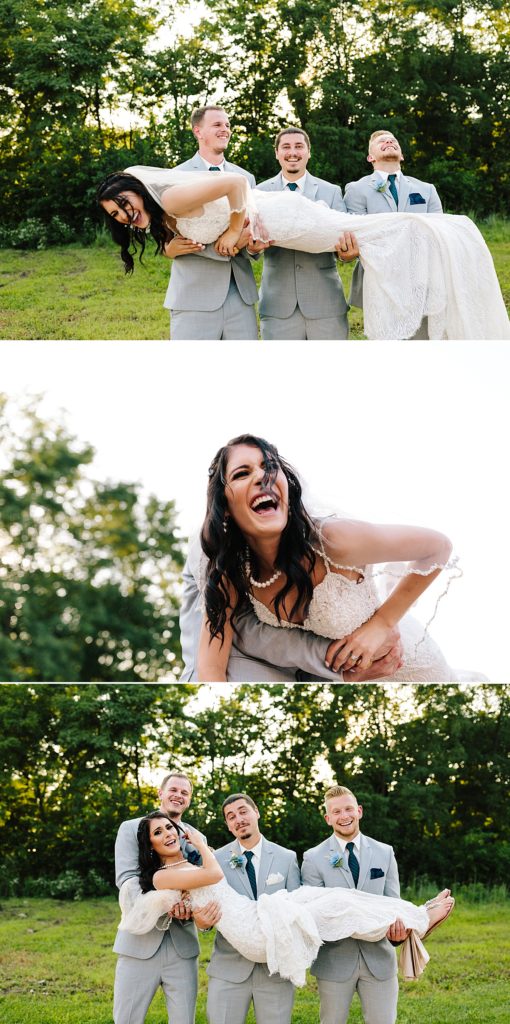 groom and groomsmen pick up bride for a fun wedding photo, silly candid moment photographed by Natalie Nichole Photography