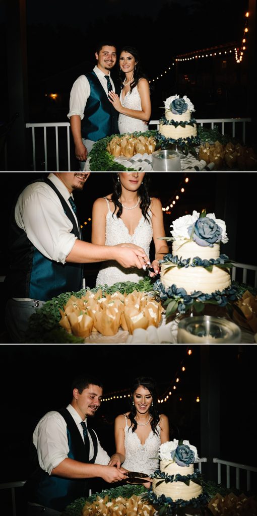 bride and groom cut their two layer cake at their backyard wedding reception in the summer