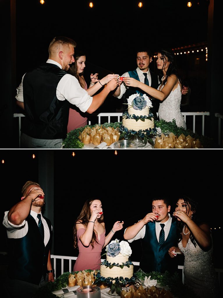 bride, groom, maid of honor, and best man all take a shot together at their backyard wedding reception in Kansas City
