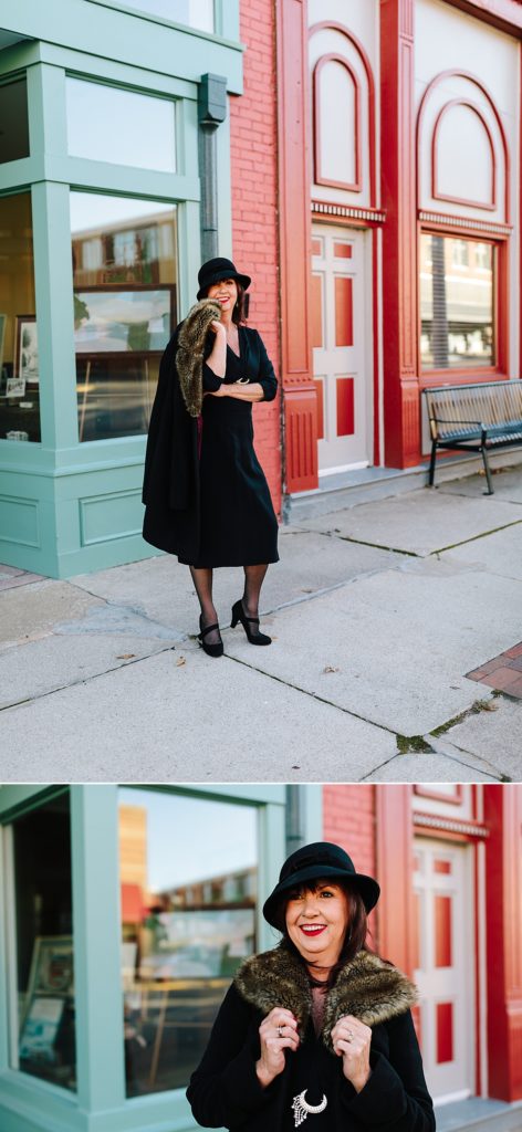 women wearing retro 1920's inspired vintage dress with fur coat and cloche hat in Lexington Missouri
