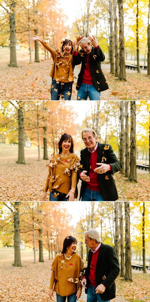 3 Reasons You Should Book a Photoshoot for your Parents, pose ideas for an older couple, fall couples pictures, leaf photos, kansas city