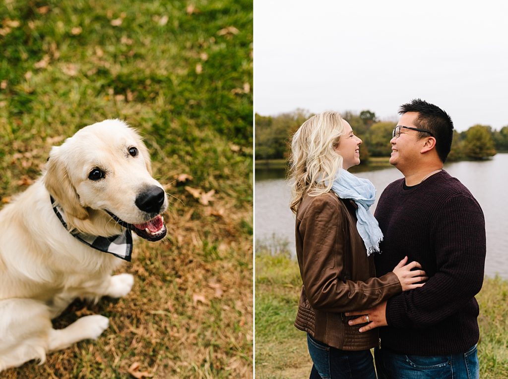 couple and their golden retriever wearing a black and white plaid bandana James A Reed Memorial Wildlife Area in Kansas City