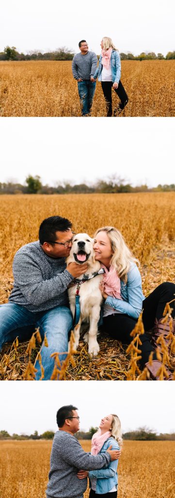 couple and their golden retriever at James A Reed Memorial Wildlife Area in Kansas City