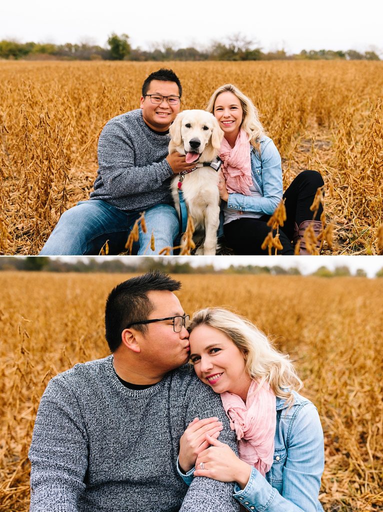 couple and their golden retriever at James A Reed Memorial Wildlife Area in Kansas City, fall photos with your dog