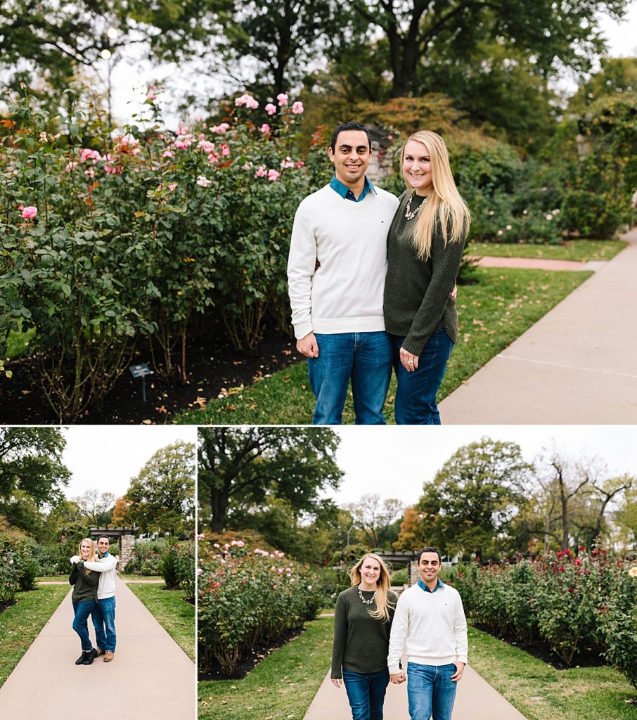 fall couples photos at loose park in kansas city with the roses still blooming in october