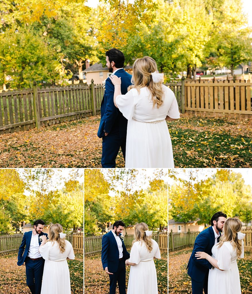 bride and groom have their first look in their backyard at Raintree Lake in Kansas City during the fall