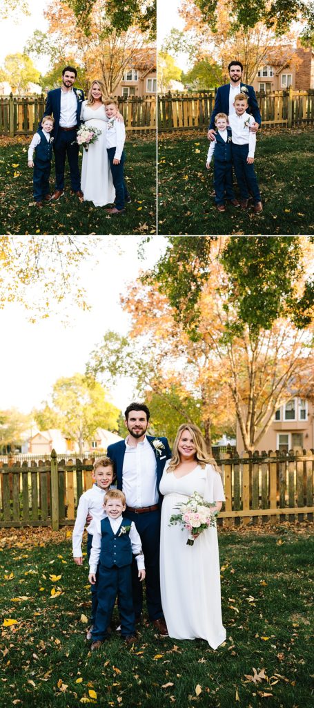 bride and groom with their sons before their october wedding ceremony