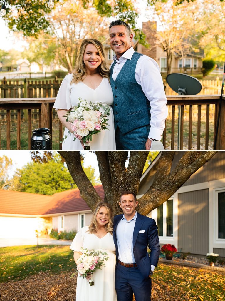 bride with her dad and brother before her intimate elopement in their backyard at raintree lake in kansas city