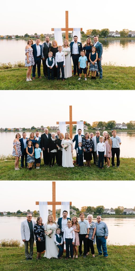 large group family photos during sunset after wedding ceremony at lake