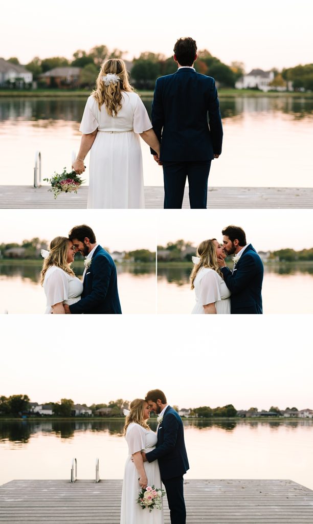 bride and groom couples portrait ideas, couples poses to use on wedding days, wedding on the lake, couple on the dock during sunset in the fall