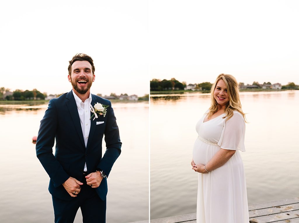 groom wearing navy suit and white rose boutonniere, pregnant bride wearing flowy white flutter sleeve wedding dress and hair half up half down