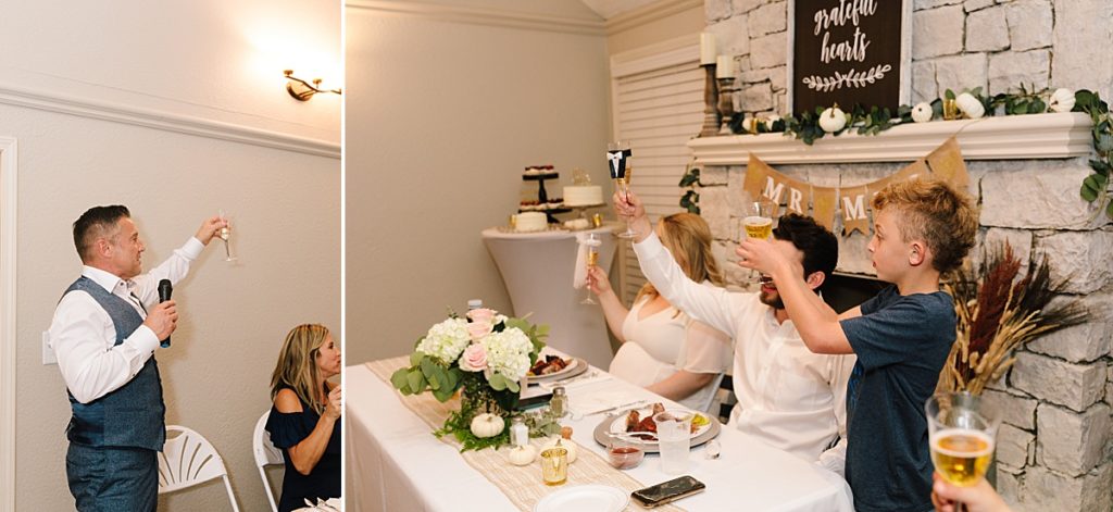 From a Large Wedding to an Intimate Elopement at home everyone raises their glass to toast the happy couple