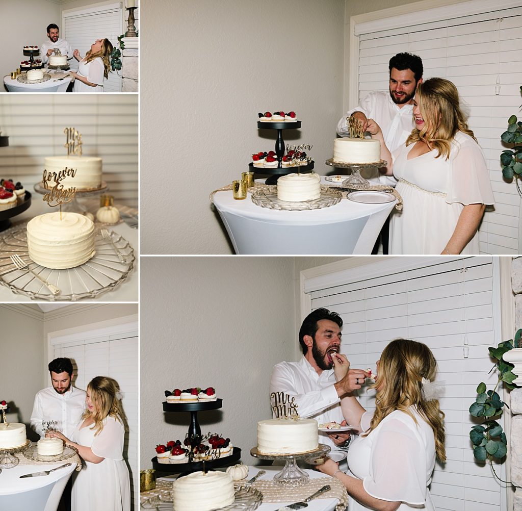 From a Large Wedding to an Intimate Elopement at home bride and groom cut their cake, gluten free cake with gold script cake topper, 