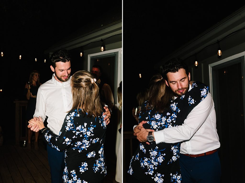 groom dancing with his mom in the backyard after elopement at home