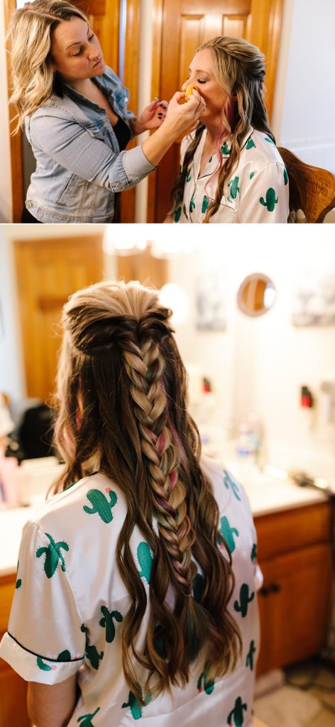 bride getting ready on her wedding day, hair in a braid, unicorn hair, bride with pink and blue hair