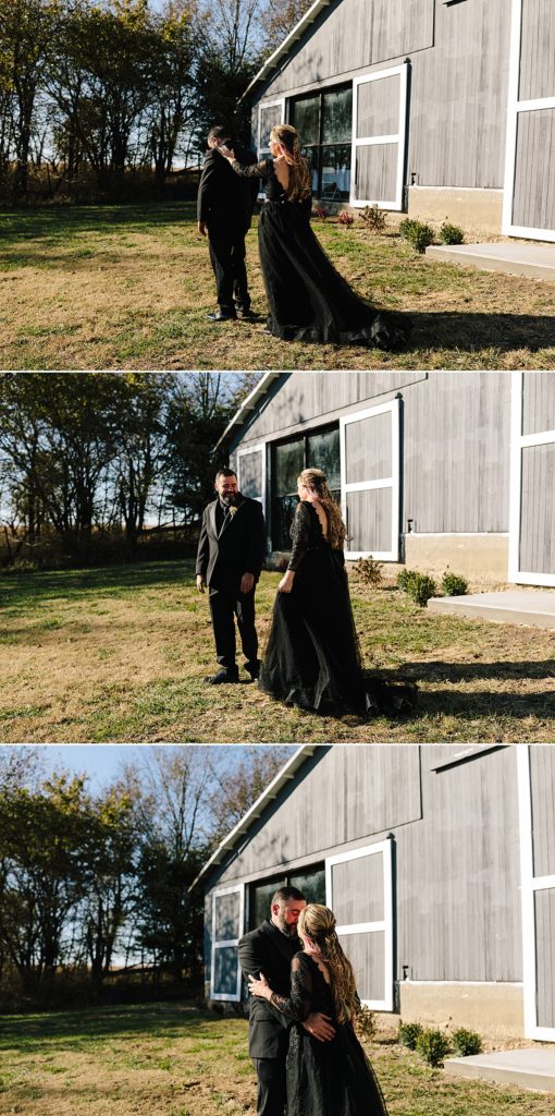 bride and groom have their first look before their halloween wedding ceremony, bride is wearing a black lace wedding dress and groom is in an all black suit
