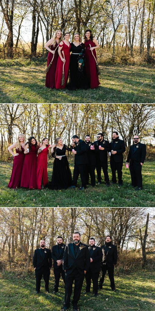 bridesmaids in shades of red, groomsmen in all black, for a fall wedding,