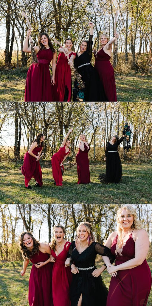 fun bridesmaids pictures, mix match bridesmaids, shades of red, fall color palette, halloween wedding