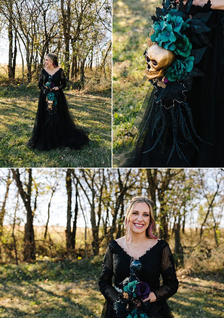 alternative bride wearing black wedding dress and carrying broom with a gold skull on it instead of a bouquet for her halloween wedding