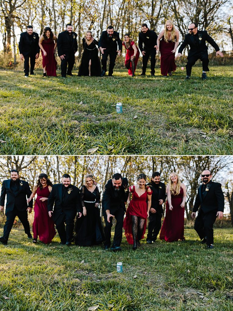 fun wedding party picture ideas, bridal party racing to a beer, busch light
