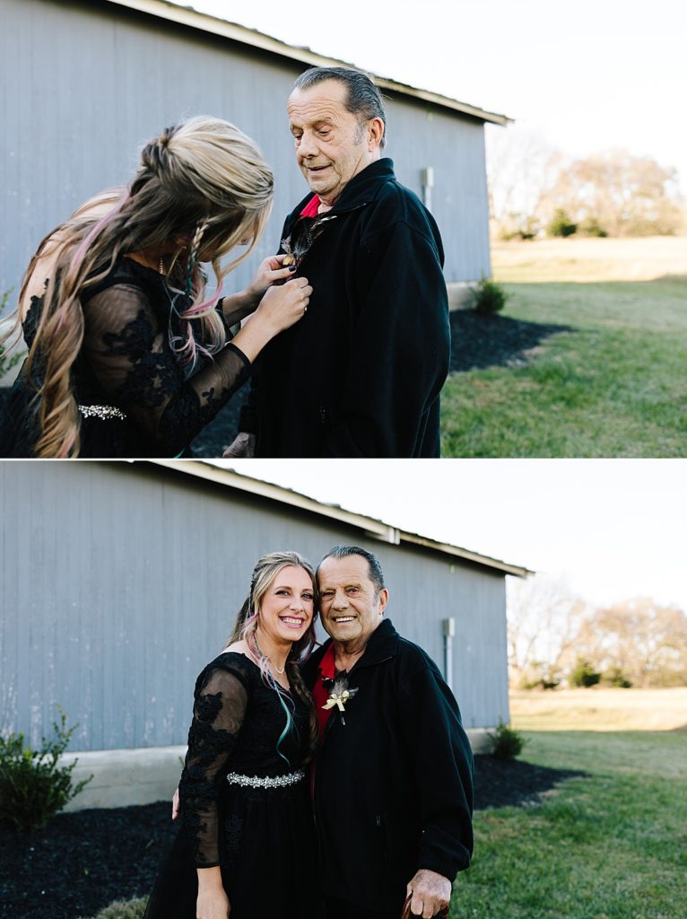 bride gives boutonniere to her grandpa