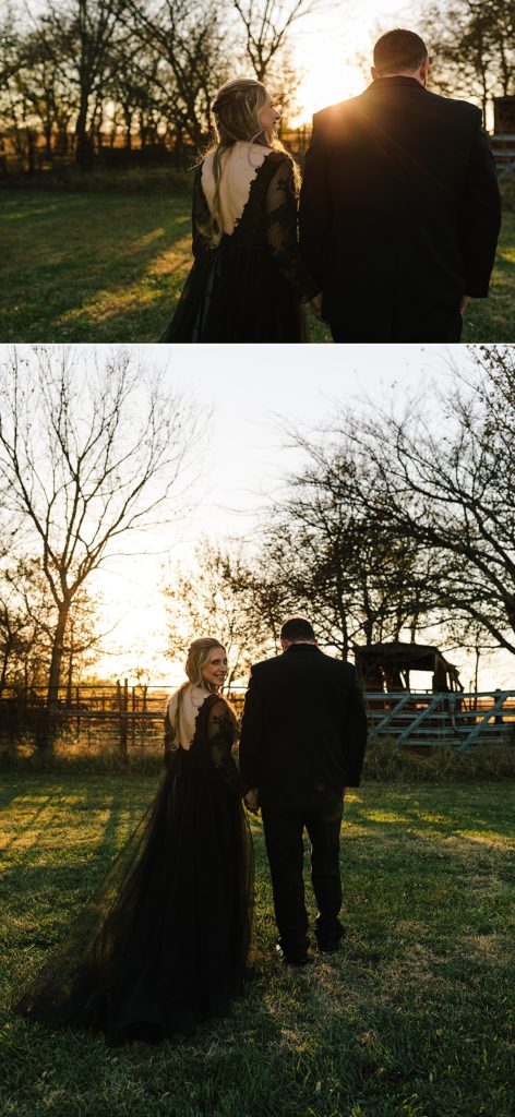 dramatic couples portraits during golden hour after halloween wedding ceremony, bride wearing a black lace wedding dress, groom wearing a black suit