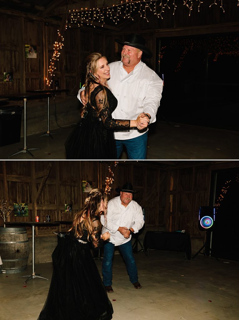 bride dancing with her step dad during costume contest at halloween wedding reception