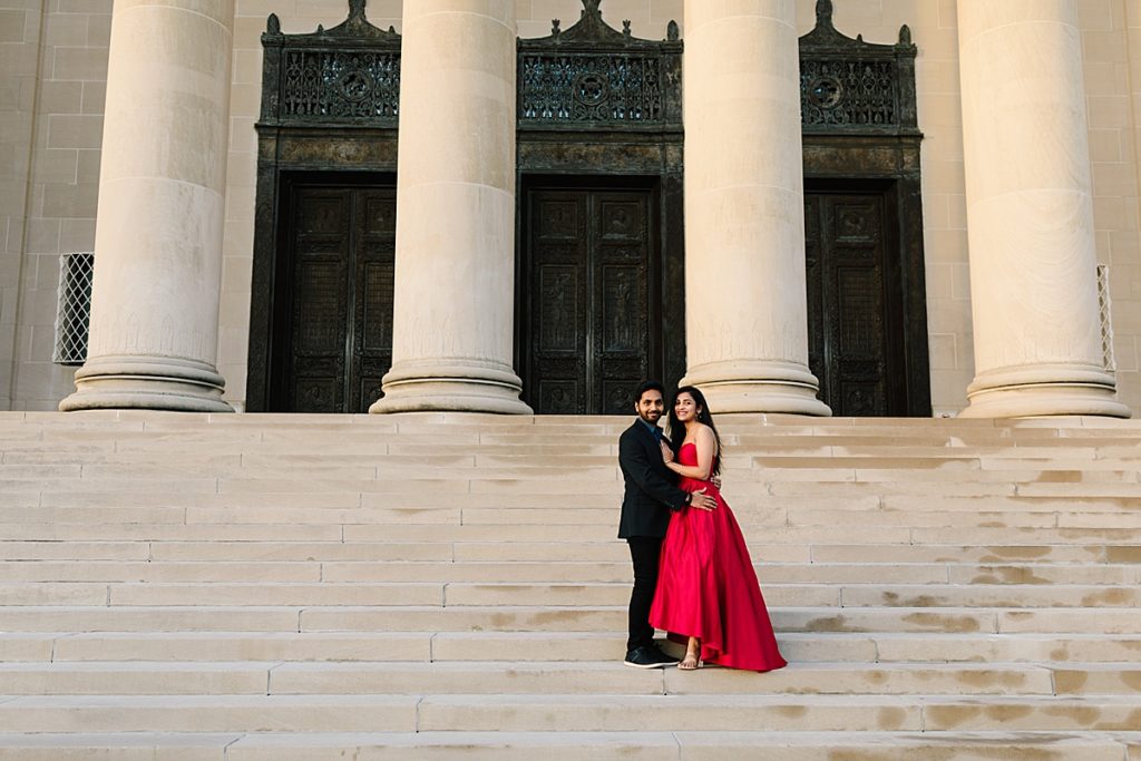 Romantic Engagement Session at the Nelson Atkins Museum of Art, Kansas City Photographer, couple on the steps of the nelson, red ball gown