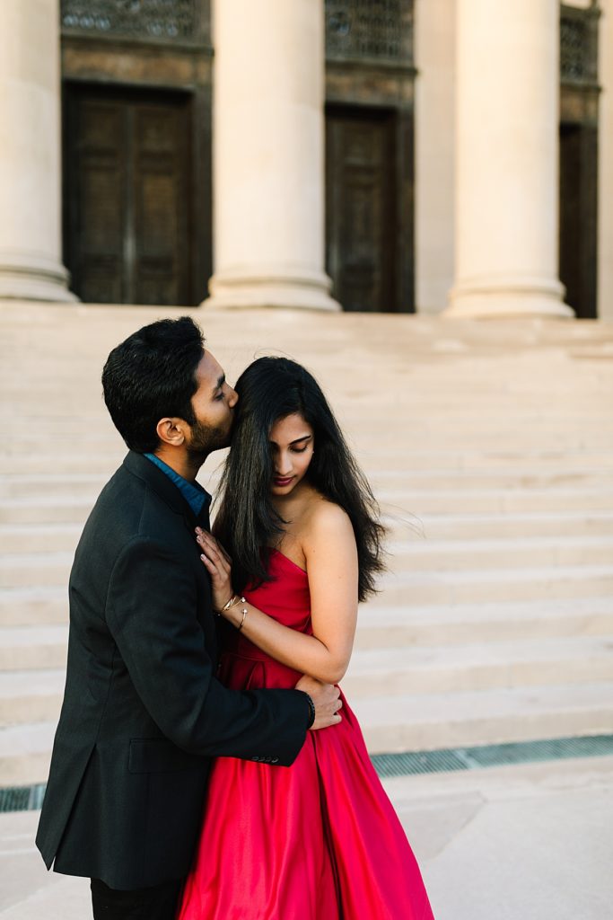 Romantic Engagement Session at the Nelson Atkins Museum of Art, Kansas City Photographer, what to wear to your engagement session, red ball gown