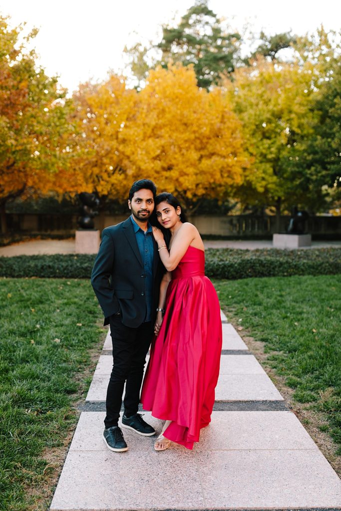 Romantic Engagement Session at the Nelson Atkins Museum of Art, Kansas City Photographer, fall couples session, red ball gown, fall trees,
