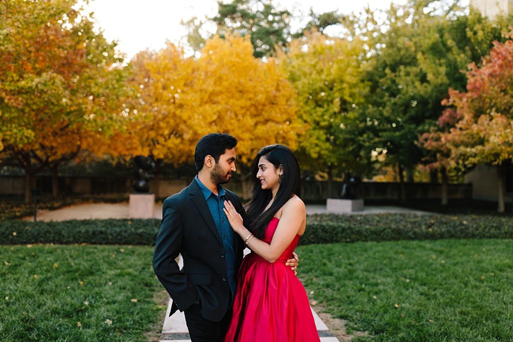 Romantic Engagement Session at the Nelson Atkins Museum of Art, Kansas City Photographer, red ball gown, fall engagement session, couples photos, pre wedding photos
