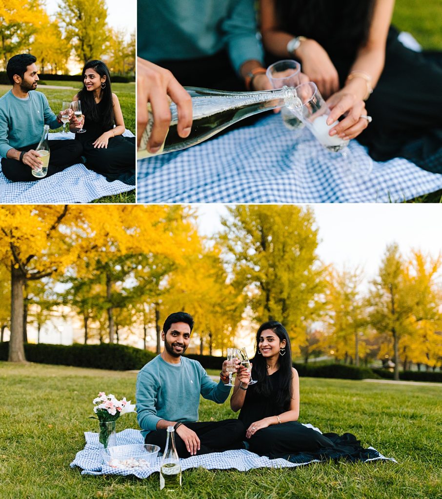 Romantic Engagement Session at the Nelson Atkins Museum of Art, Kansas City Photographer, pre wedding photos, picnic at the museum, the nelson lawn, champagne,