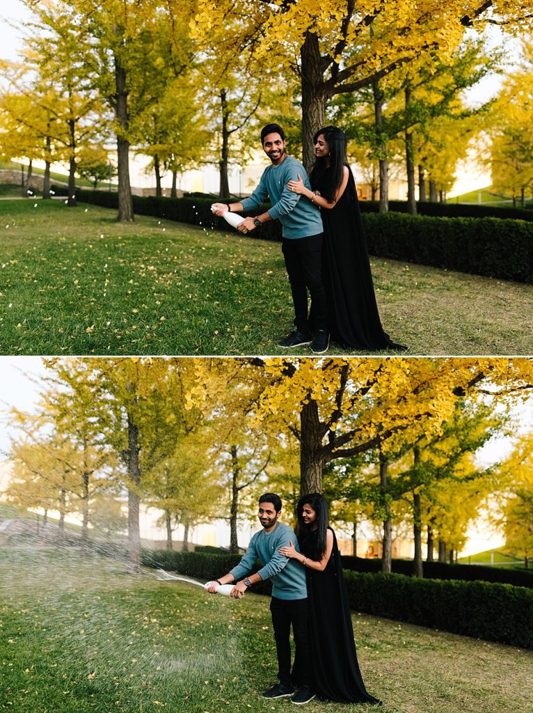 Romantic Engagement Session at the Nelson Atkins Museum of Art, Kansas City Photographer, pre wedding photos, picnic at the museum, the nelson lawn, champagne, popping champagne