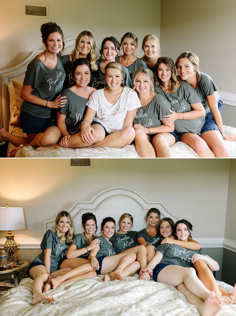 Choosing Your Getting Ready Space: Tips From a KC Wedding Photographer, mildale farm, kansas wedding, 9 bridesmaids, matching getting ready outfits, grey bridesmaid shirts,
