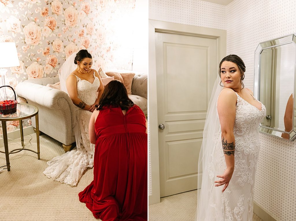 Choosing Your Getting Ready Space: Tips From a KC Wedding Photographer, red bridesmaids dress, mission theater, bridesmaid helping bride put on her shoes, beaded wedding dress,
