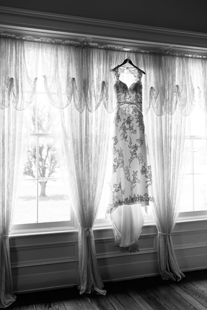 Choosing Your Getting Ready Space: Tips From a KC Wedding Photographer, where to hang the dress, mission theater, custom bride hanger, lace wedding dress, kansas city wedding