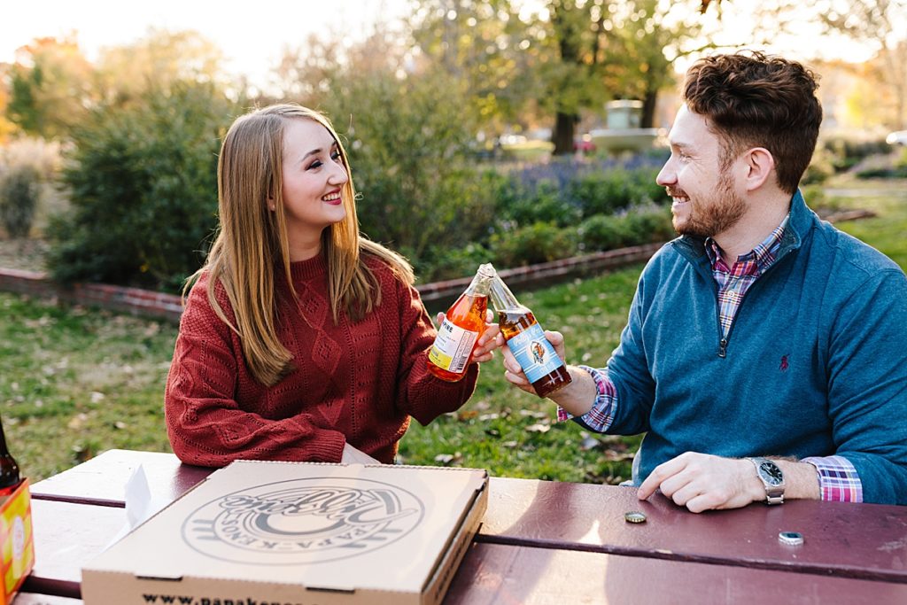 fall date night ideas, engagement pictures, couples photos, what to do for your engagement session, pizza date, pizza photos, soda photoshoot