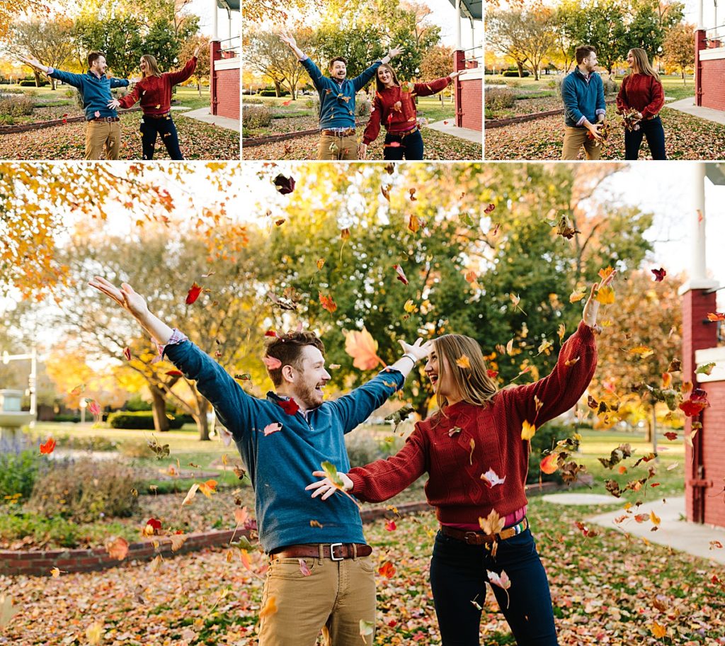 fall date ideas, pizza in the park, pizza picnic, pizza photoshoot, engagement session ideas, what to do at your engagement photos, chill couple, unique couple, adventurous couple, laid back couples photos, lawrence kansas, rock chalk, mass street, lawrence date ideas, engagement session in fall leaves, autumn, fun couples photos
