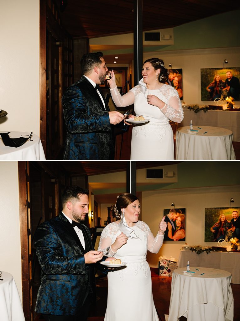 cake at a covid safe wedding reception, covid safe wedding ceremony, lace wedding dress sleeves, navy blue grooms suit
