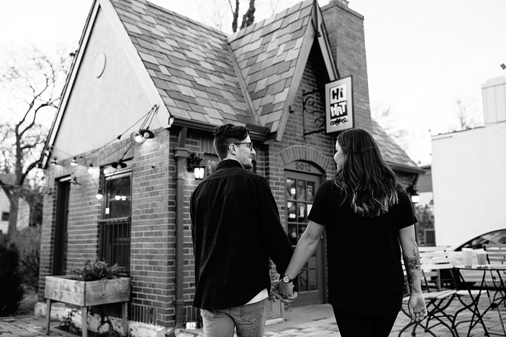 How to Make Your Engagement Session Super Personal, Kansas City Wedding Photographer, fall engagement session at Hi Hat coffee, golden hour couples photos, engagement session prompts, couples pose ideas, october, midwest photographer, kansas city wedding planning, kansas city engagement photographer, kc engagement, coffee shop photos, couple at coffee, candid engagement photos