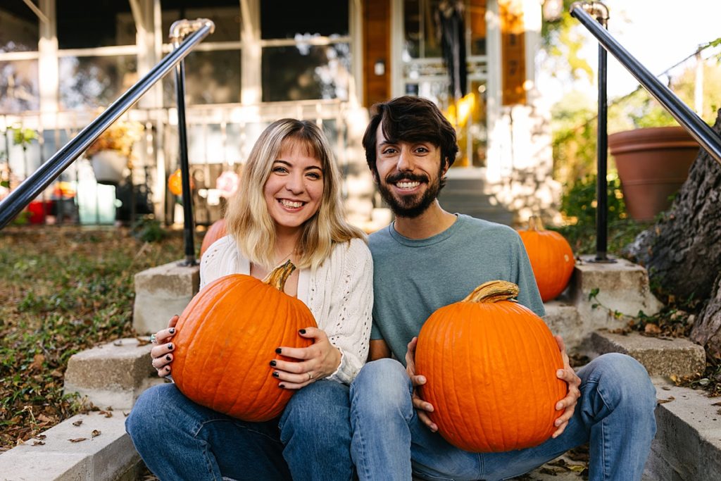 Five Tips For Your In-Home Photoshoot, Kansas City photographer, engagement session, engagement session locations, thrifted home decor, boho home, little blue house, fall engagement session, unique engagement session, intimate engagement session, true love, candid photos, looks like film, pumpkins, halloween decor, golden hour, front porch