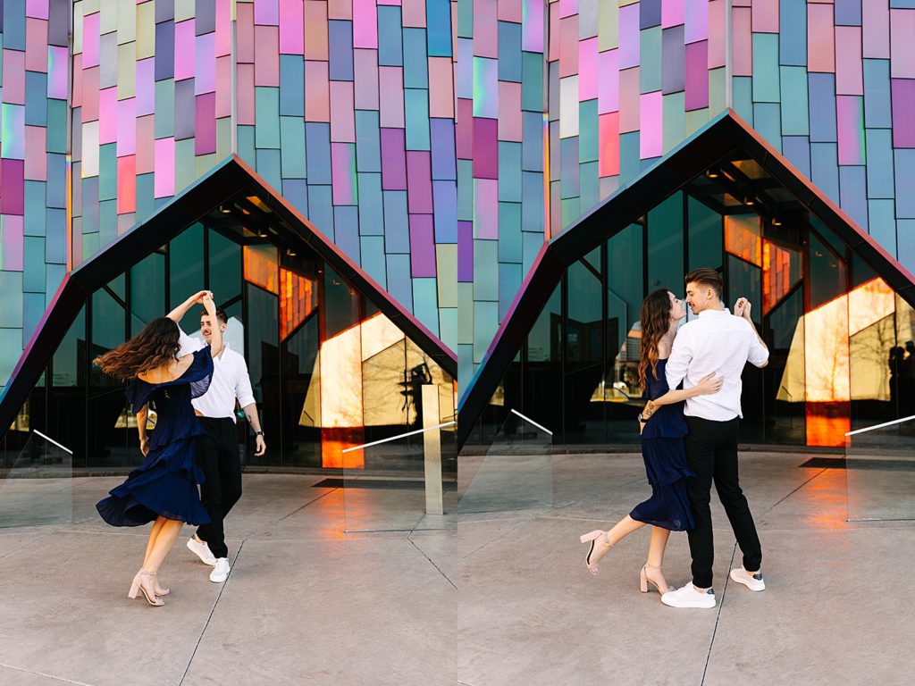 Collage of couple dancing in front of a colorful wall at their engagement session. 