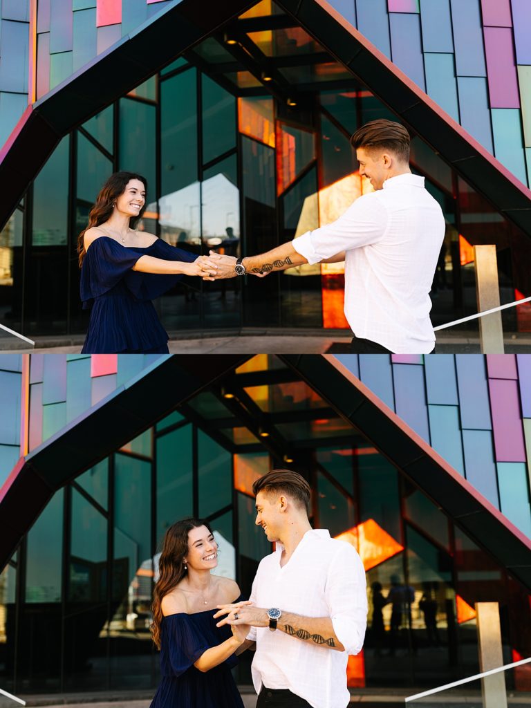 Smiling couple dancing in front of a colorful building in two different photos in a collage for their engagement session. 