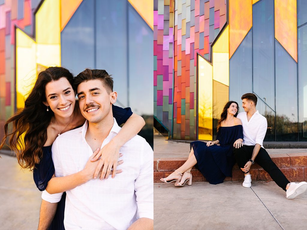 Two images in a collage of a woman in a navy dress and man in a white shirt embracing for their engagement session. 