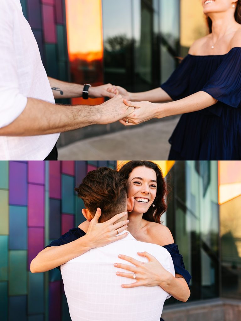 Two image collage of an engaged couple dancing and laughing at their engagement session. 
