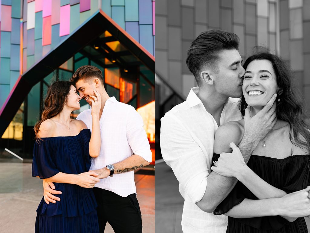 Two image collage of a man wrapping up his fiancé and kissing her at their Kansas City engagement session. 