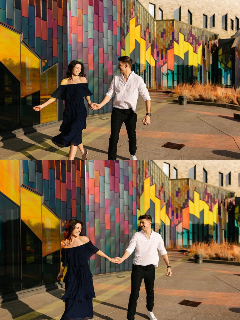 Two image collage of woman in a navy dress and man in a white shirt and black pants running alongside a colorful building. 