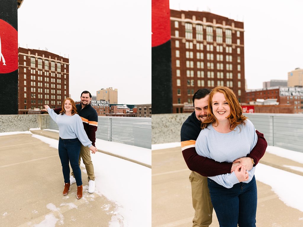 Two image collage of an engaged couple dancing on a rooftop in the snow.