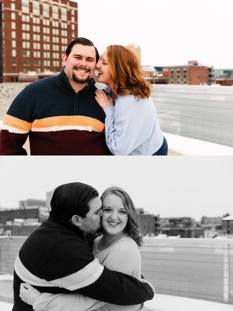 Two image collage of an engaged couple curled up together smiling on a rooftop in Kansas City.