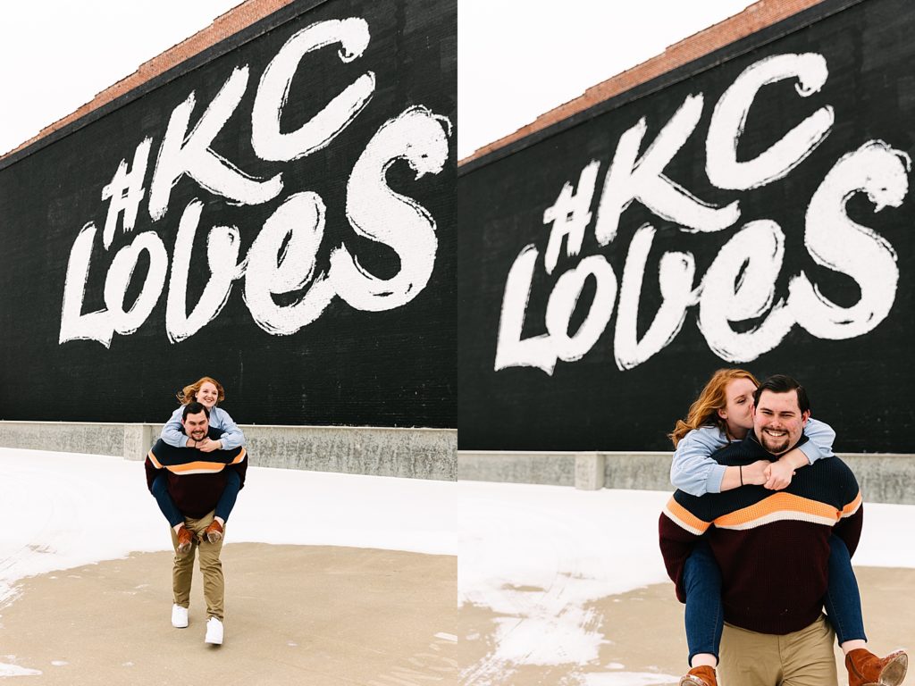 Two image collage of a woman on a man's back laughing and smiling during their engagement session. 